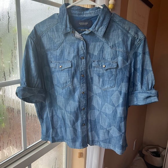Scotch & Soda Denim Indigo Star Button Up Puff Sleeve Collared Top - Picture 5 of 7
